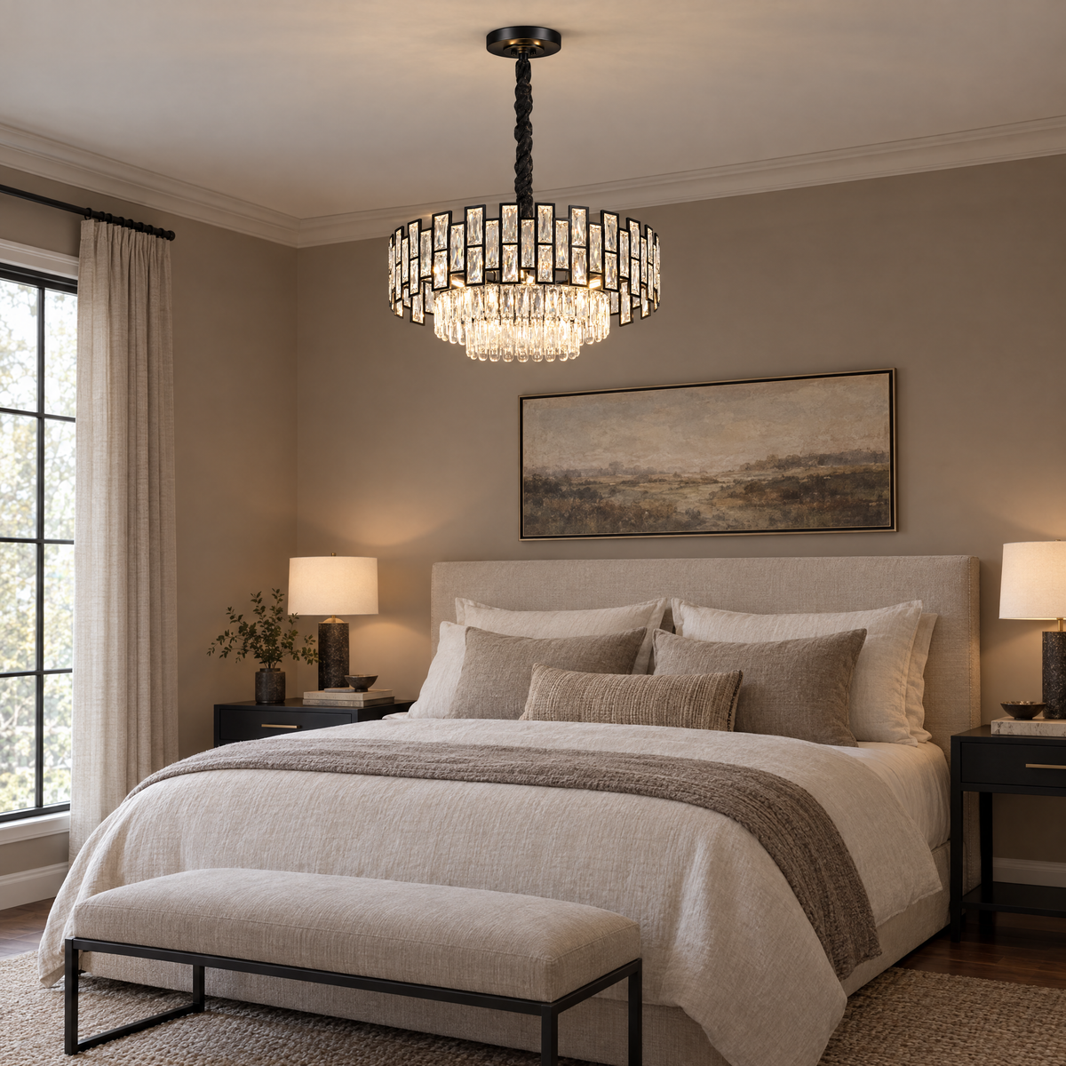 OMBRIA Small black crystal chandelier above a neutral bedroom