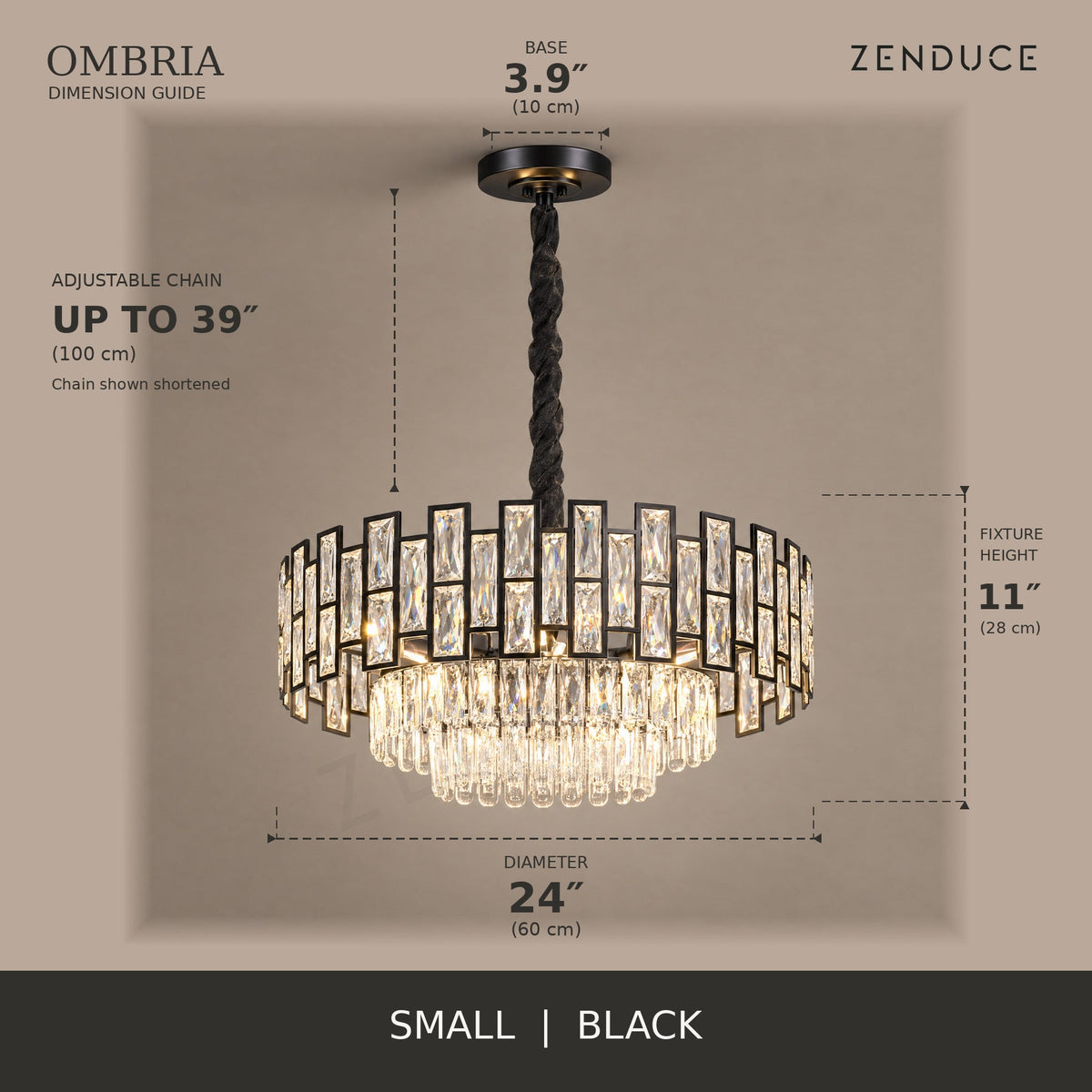 OMBRIA Small 24 inch black crystal chandelier dimension guide