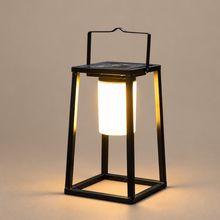SUNORA black open-frame solar lantern on a mushroom taupe background