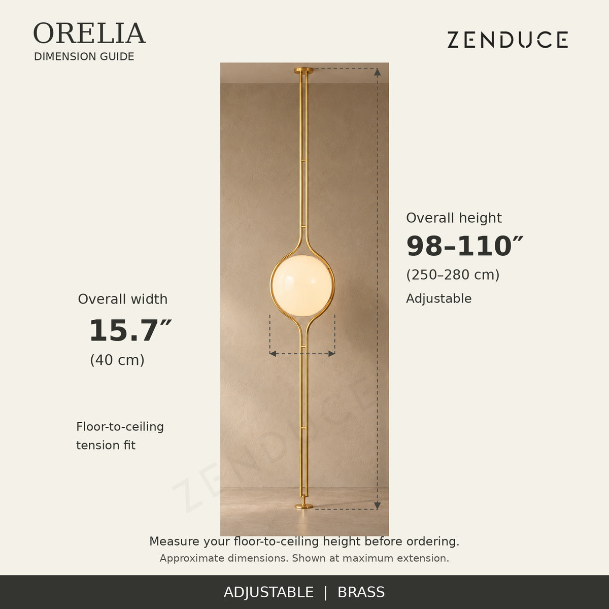 ORELIA brass dimension guide: adjustable height 98–110 inches and overall width 15.7 inches