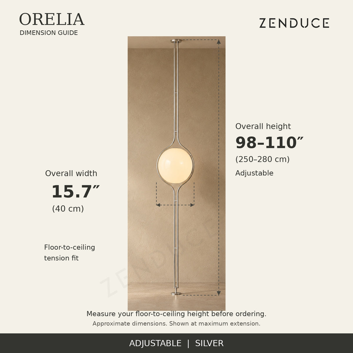 ORELIA silver dimension guide: adjustable height 98–110 inches and overall width 15.7 inches