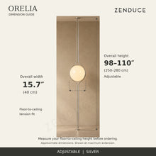 ORELIA silver dimension guide: adjustable height 98–110 inches and overall width 15.7 inches