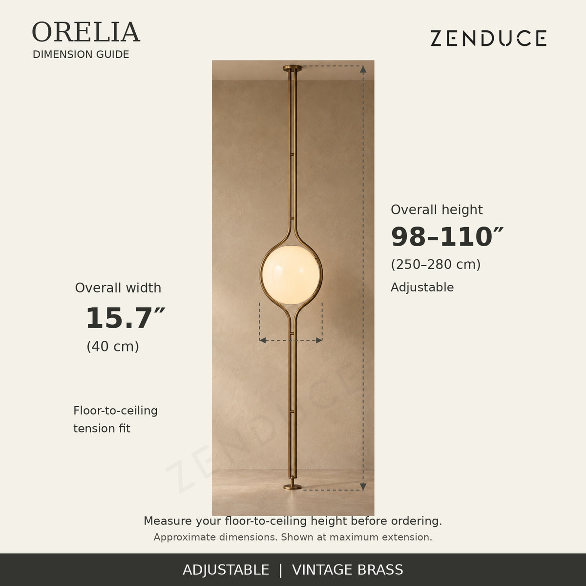 ORELIA vintage brass dimension guide: adjustable height 98–110 inches and overall width 15.7 inches