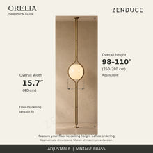 ORELIA vintage brass dimension guide: adjustable height 98–110 inches and overall width 15.7 inches