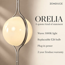 ORELIA warm 3000K light, replaceable E26 bulb, plug-in power and two-year Zenduce warranty
