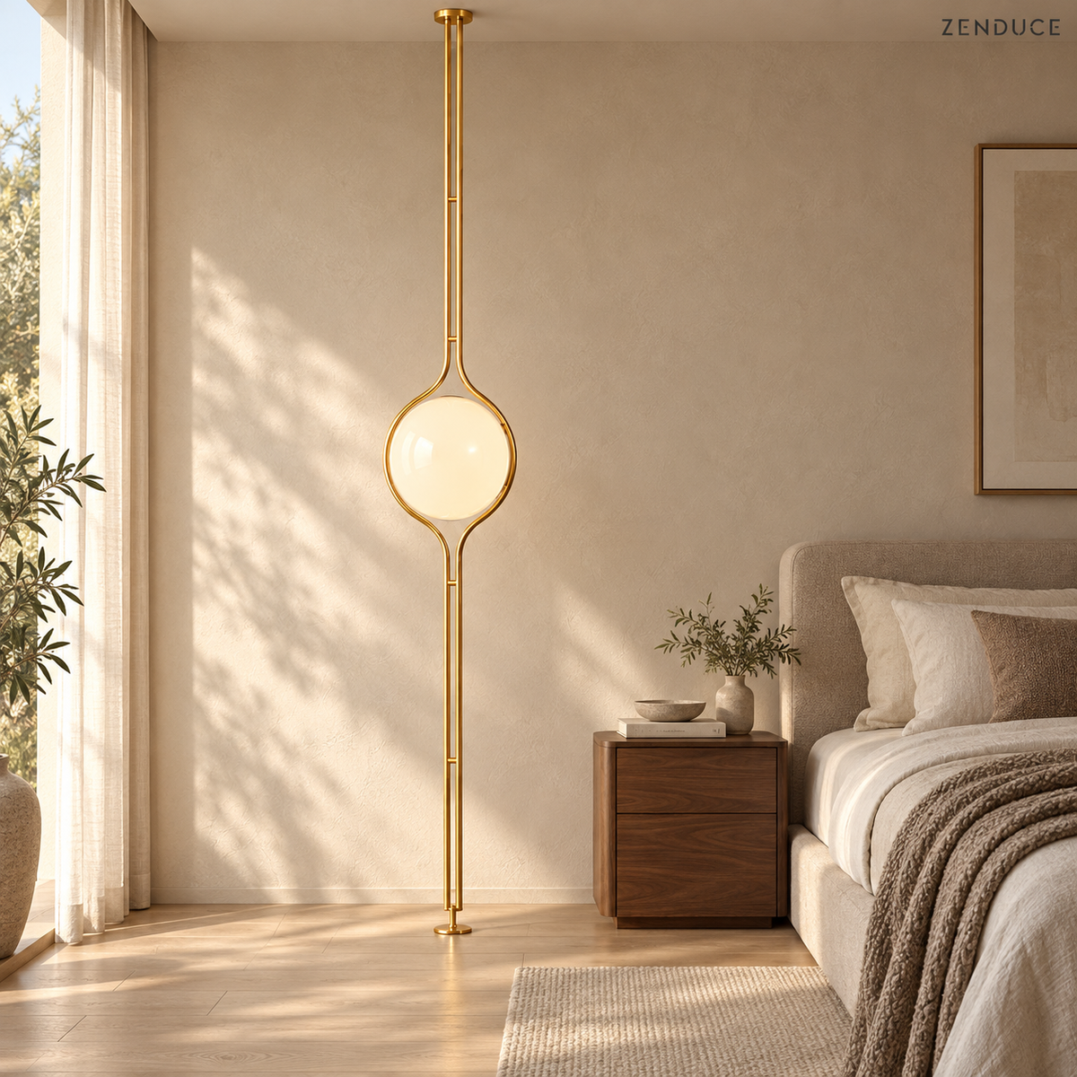 ORELIA Brass floor-to-ceiling lamp beside a linen bed in a sunlit neutral bedroom