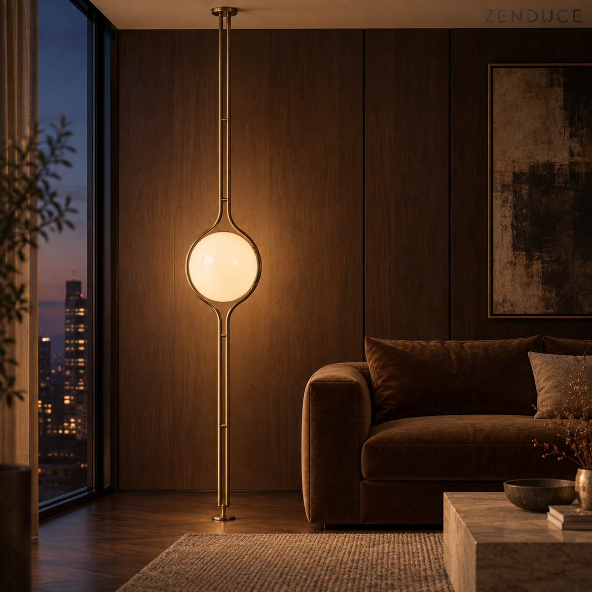 ORELIA Vintage Brass globe lamp illuminating a walnut-panelled evening lounge