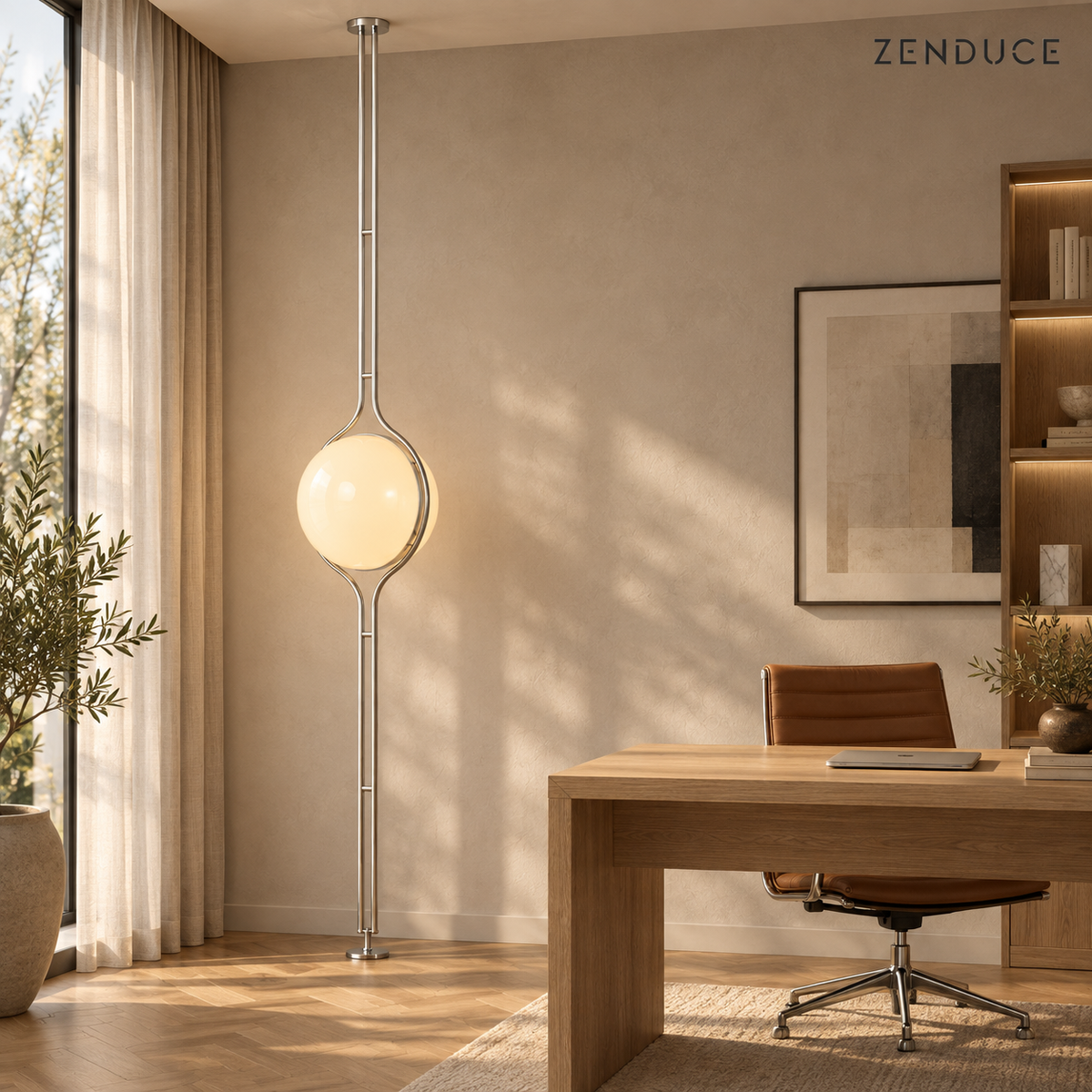ORELIA Silver lamp next to an oak desk in a naturally lit home office
