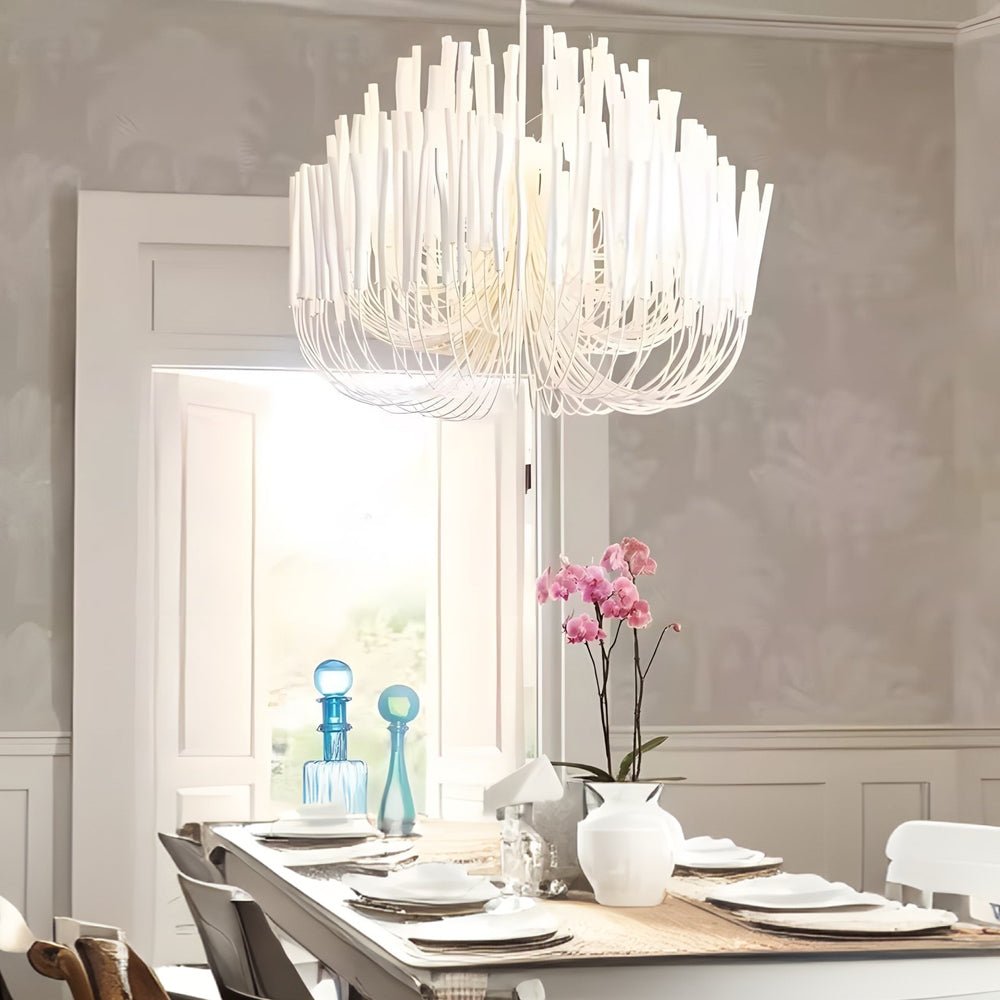 CERYNE - White wood chandelier over a traditional dining table