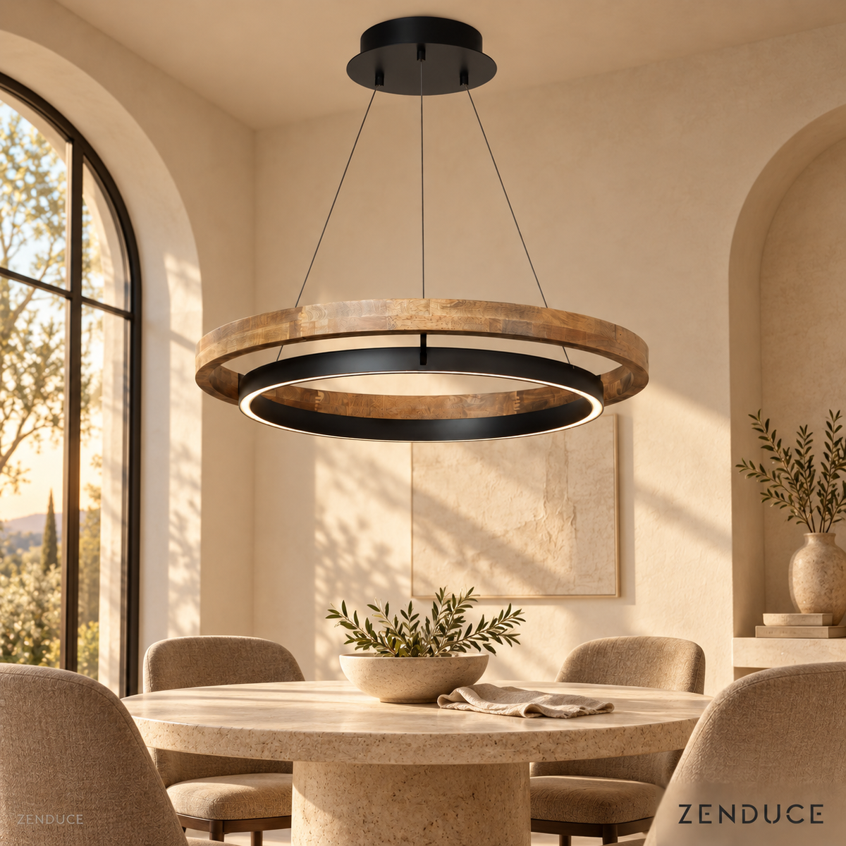 ORLUNEA wood and black double-ring chandelier above a round pale stone dining table
