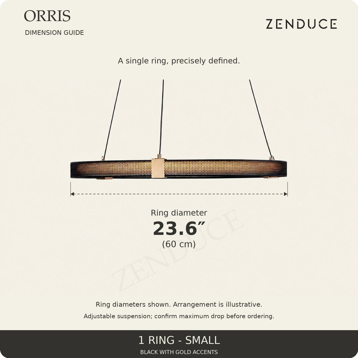 ORRIS 1 Ring - Small dimension guide: 23.6 inch (60 cm) ring diameter, black with gold accents.