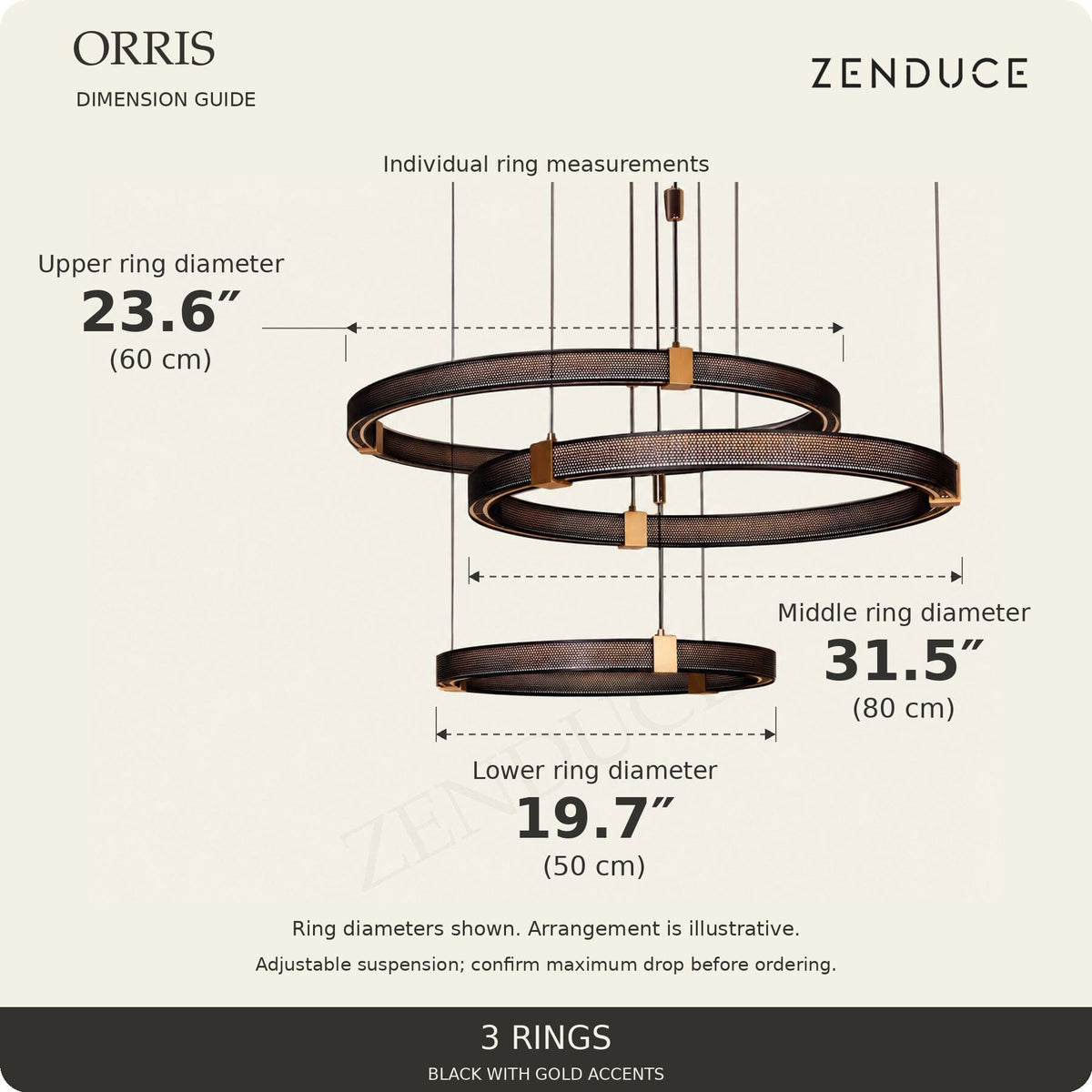 ORRIS 3 Rings dimension guide showing each ring: 23.6 inch (60 cm), 31.5 inch (80 cm) and 19.7 inch (50 cm). Dimensions are ring diameters.