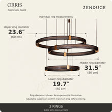 ORRIS 3 Rings dimension guide showing each ring: 23.6 inch (60 cm), 31.5 inch (80 cm) and 19.7 inch (50 cm). Dimensions are ring diameters.