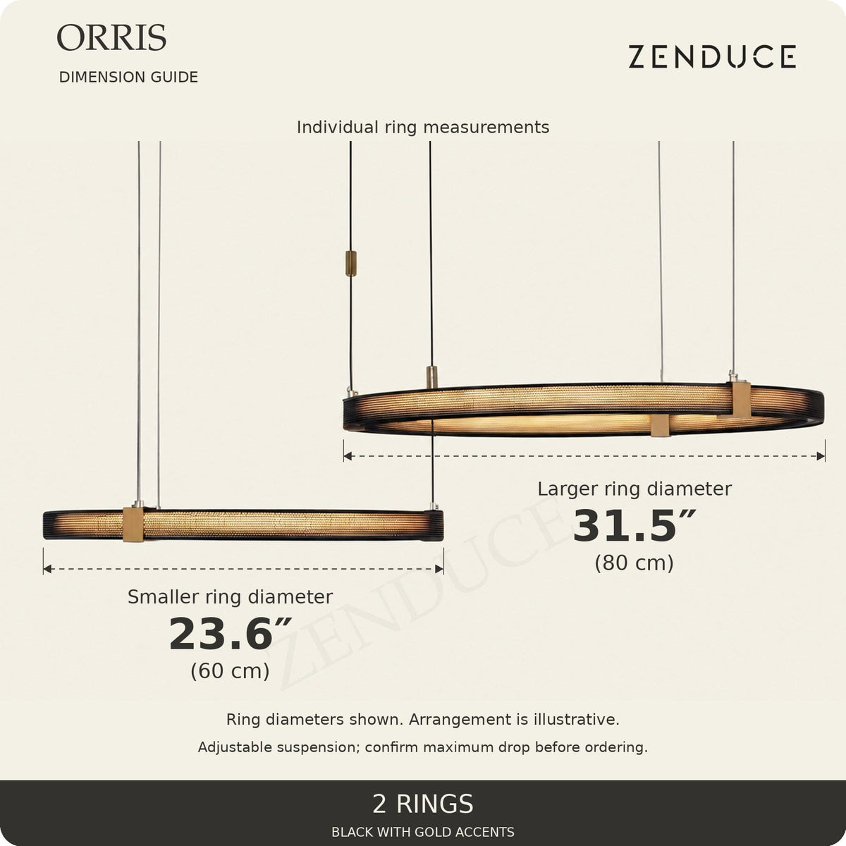 ORRIS 2 Rings dimension guide with individual 31.5 inch (80 cm) and 23.6 inch (60 cm) ring measurements.