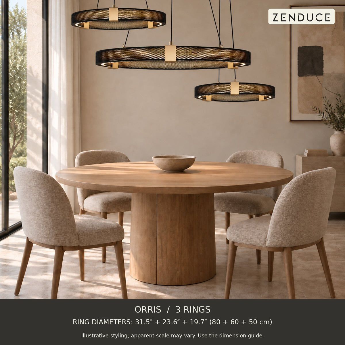 ORRIS 3 Rings, black with gold accents, above an oak dining table in a neutral room. Illustrative arrangement; ring diameters 31.5″ + 23.6″ + 19.7″ (80 + 60 + 50 cm).