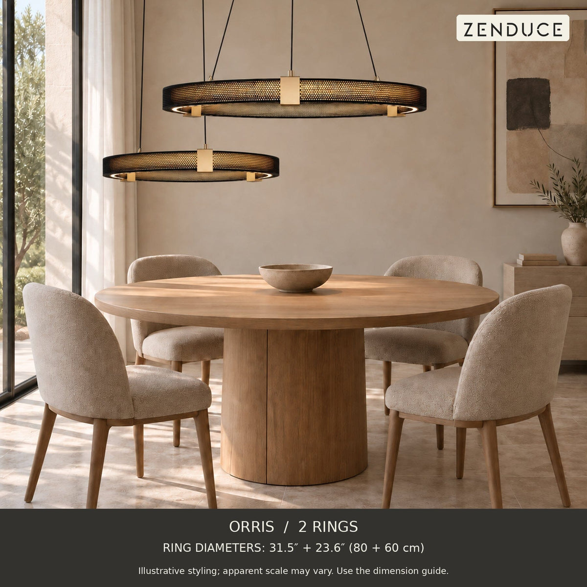 ORRIS 2 Rings, black with gold accents, above an oak dining table in a neutral room. Illustrative arrangement; ring diameters 31.5″ + 23.6″ (80 + 60 cm).