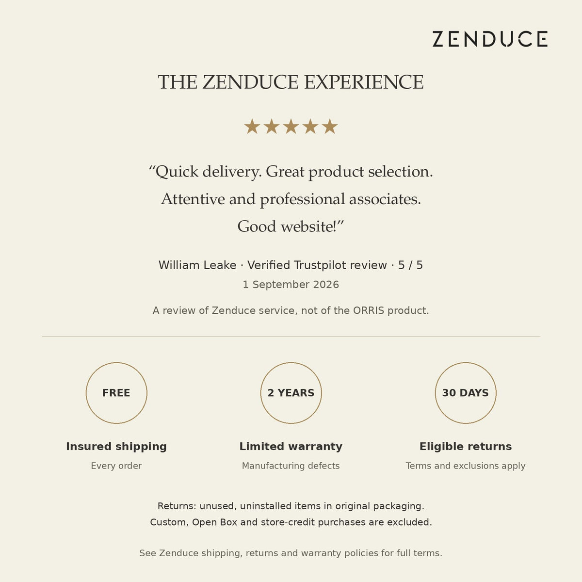 Zenduce brand-level verified Trustpilot review by William Leake, plus free insured shipping, two-year limited warranty and eligible 30-day returns. Review is not ORRIS-specific.