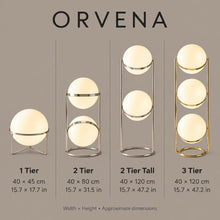ORVENA four-size dimension guide in centimetres and inches