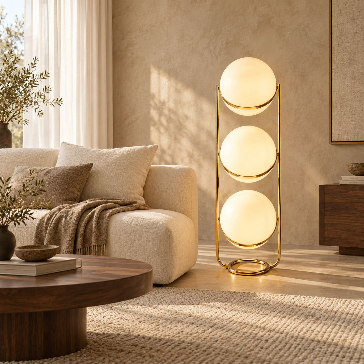 ORVENA brass three-tier globe lamp beside an ivory sofa in a warm neutral living room