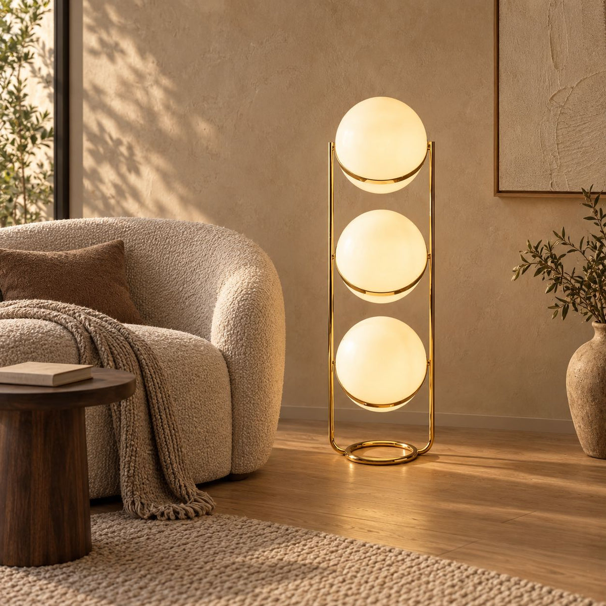 ORVENA brass three-tier globe lamp in a mushroom taupe reading corner with a boucle armchair