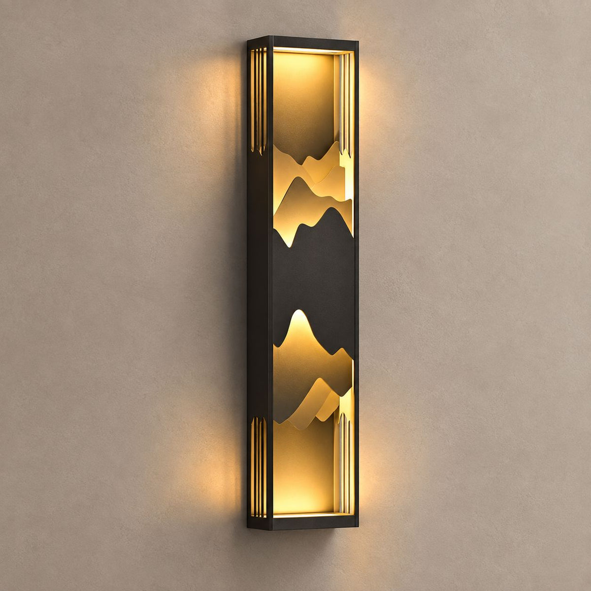 PARADISO tall dark outdoor wall lantern with layered mountain silhouettes and warm light on mushroom taupe
