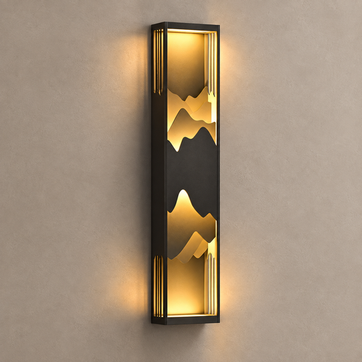 PARADISO tall dark outdoor wall lantern with layered mountain silhouettes and warm light on mushroom taupe