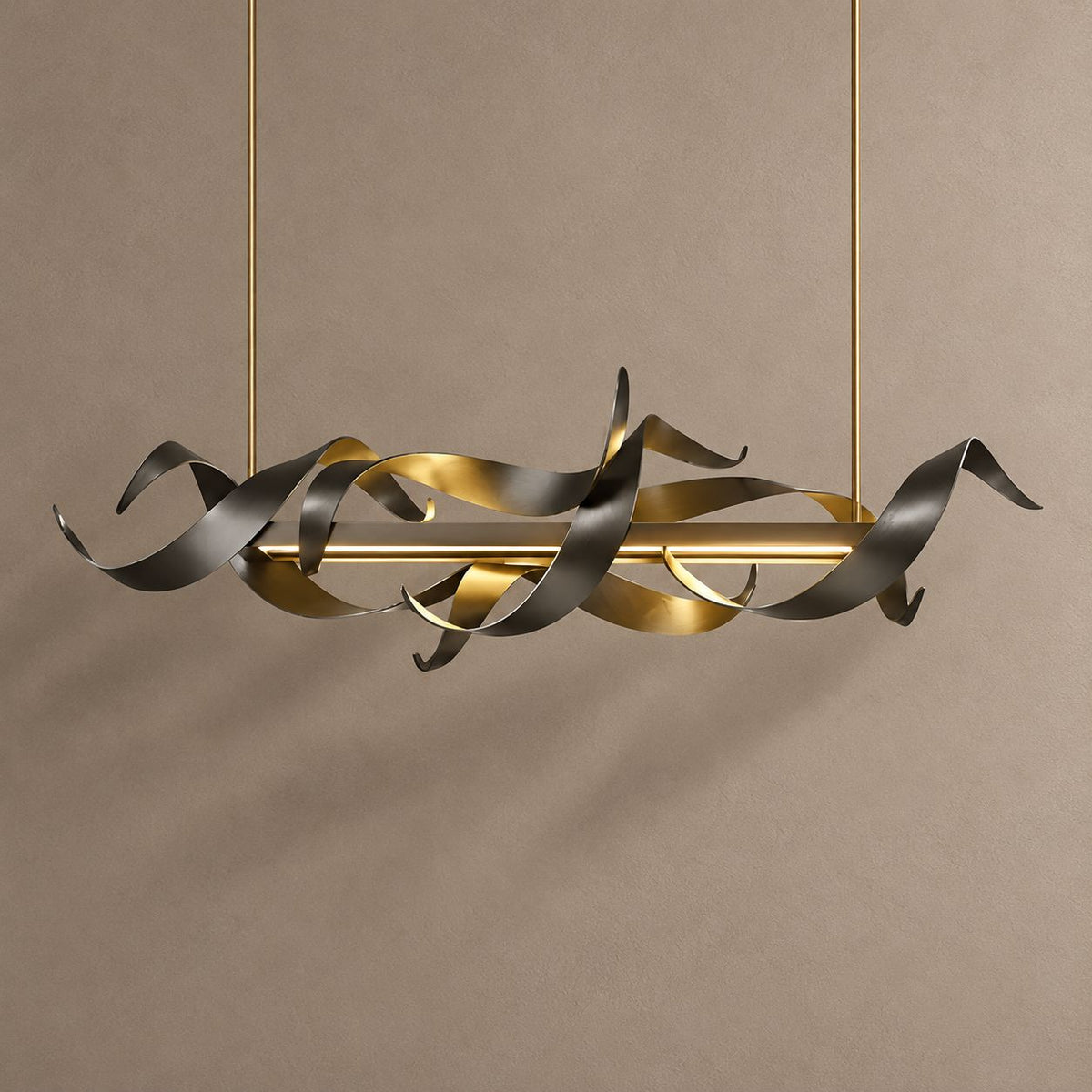 PRESTIGE black and gold sculptural ribbon chandelier on mushroom taupe plaster
