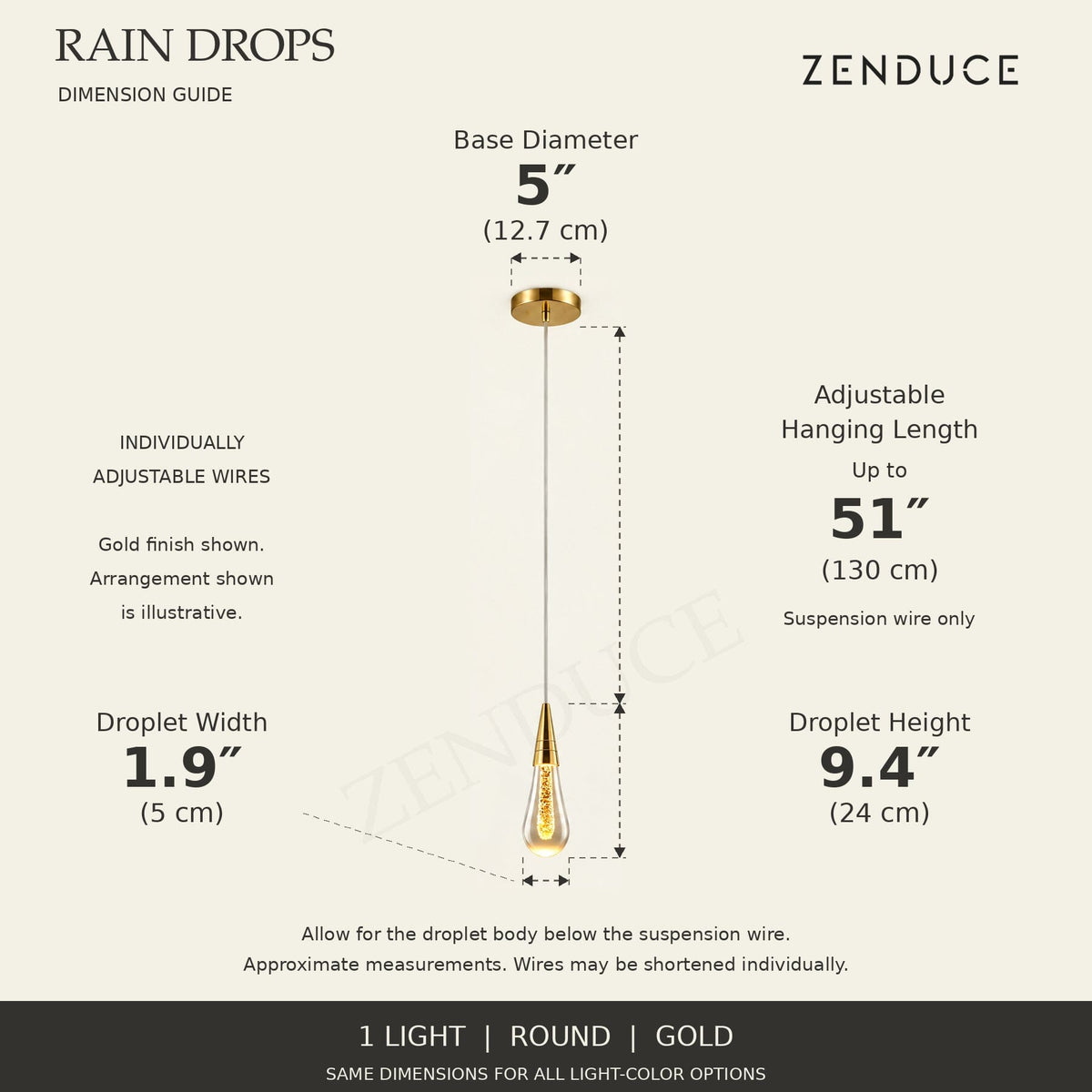 RAIN DROPS 1-light round gold AVELLE dimension guide: base 5-inch diameter; suspension wire up to 51 inches, plus a 9.4-inch high by 1.9-inch wide droplet. Inch values are prominent with centimetres below.