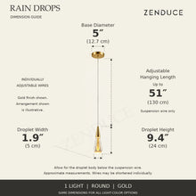 RAIN DROPS 1-light round gold AVELLE dimension guide: base 5-inch diameter; suspension wire up to 51 inches, plus a 9.4-inch high by 1.9-inch wide droplet. Inch values are prominent with centimetres below.