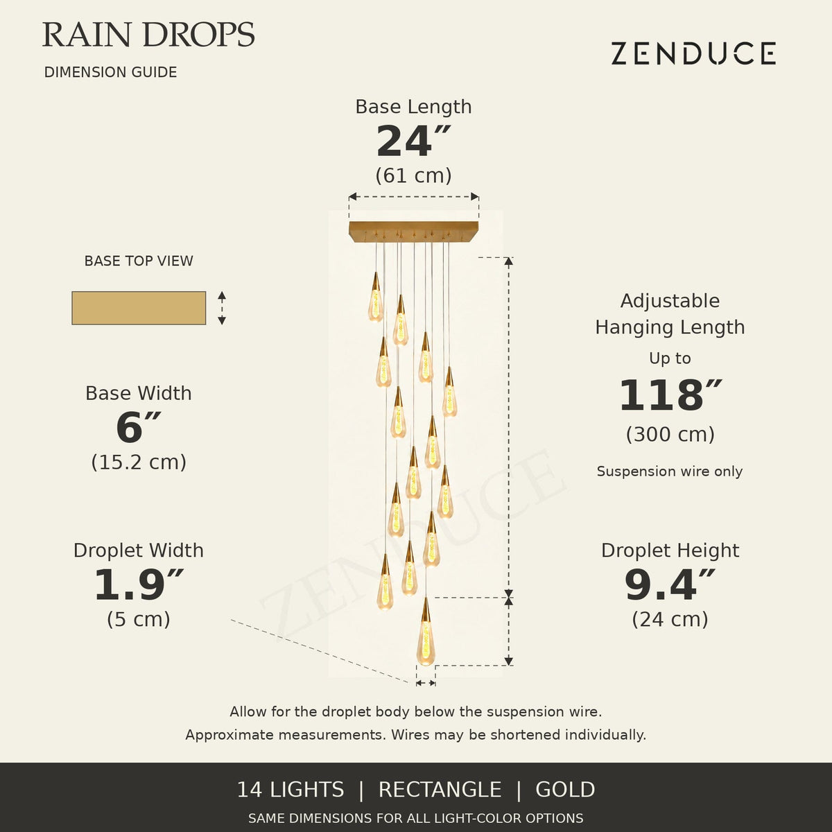RAIN DROPS 14-light rectangle gold AVELLE dimension guide: base 24 inches long by 6 inches wide; suspension wire up to 118 inches, plus a 9.4-inch high by 1.9-inch wide droplet. Inch values are prominent with centimetres below.