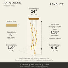 RAIN DROPS 14-light rectangle gold AVELLE dimension guide: base 24 inches long by 6 inches wide; suspension wire up to 118 inches, plus a 9.4-inch high by 1.9-inch wide droplet. Inch values are prominent with centimetres below.