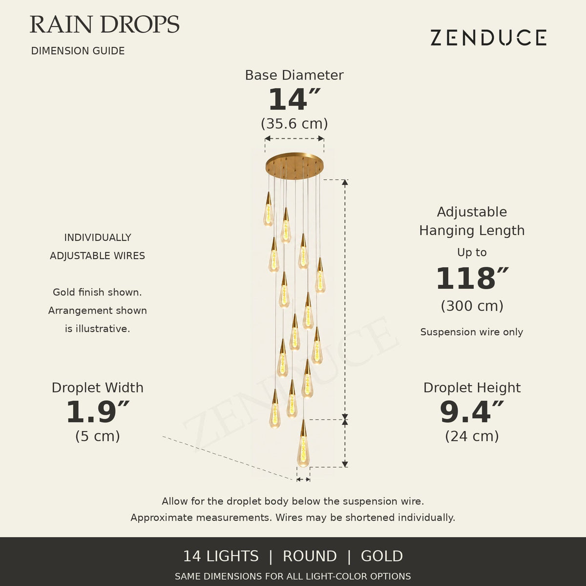 RAIN DROPS 14-light round gold AVELLE dimension guide: base 14-inch diameter; suspension wire up to 118 inches, plus a 9.4-inch high by 1.9-inch wide droplet. Inch values are prominent with centimetres below.