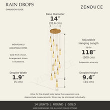 RAIN DROPS 14-light round gold AVELLE dimension guide: base 14-inch diameter; suspension wire up to 118 inches, plus a 9.4-inch high by 1.9-inch wide droplet. Inch values are prominent with centimetres below.