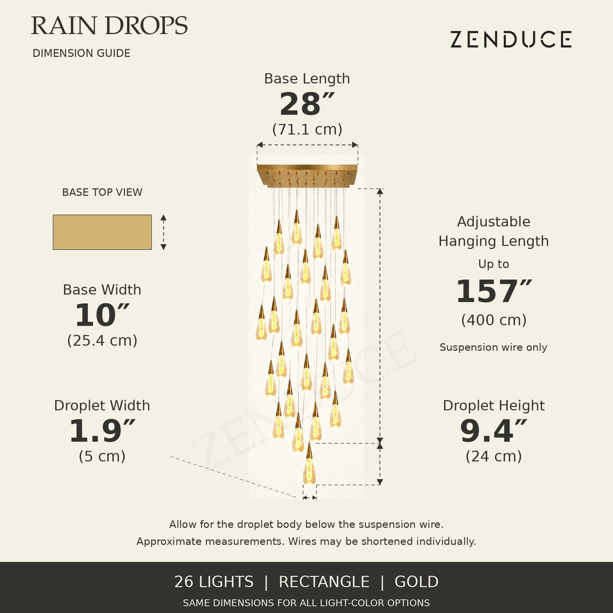 RAIN DROPS 26-light rectangle gold AVELLE dimension guide: base 28 inches long by 10 inches wide; suspension wire up to 157 inches, plus a 9.4-inch high by 1.9-inch wide droplet. Inch values are prominent with centimetres below.