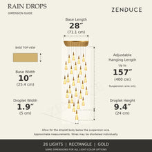 RAIN DROPS 26-light rectangle gold AVELLE dimension guide: base 28 inches long by 10 inches wide; suspension wire up to 157 inches, plus a 9.4-inch high by 1.9-inch wide droplet. Inch values are prominent with centimetres below.