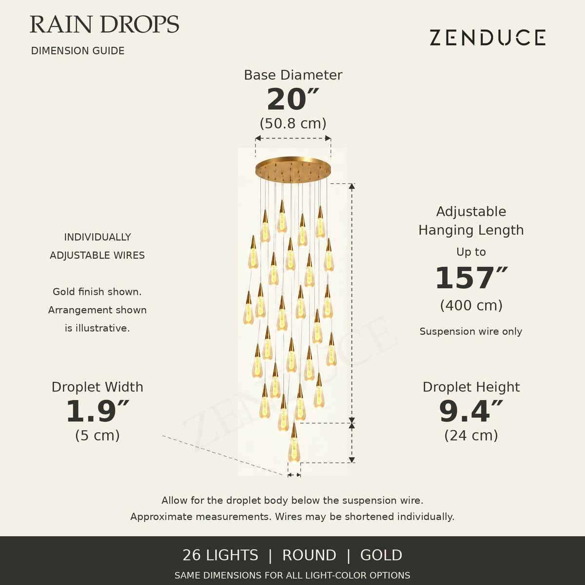 RAIN DROPS 26-light round gold AVELLE dimension guide: base 20-inch diameter; suspension wire up to 157 inches, plus a 9.4-inch high by 1.9-inch wide droplet. Inch values are prominent with centimetres below.