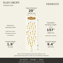 RAIN DROPS 26-light round gold AVELLE dimension guide: base 20-inch diameter; suspension wire up to 157 inches, plus a 9.4-inch high by 1.9-inch wide droplet. Inch values are prominent with centimetres below.