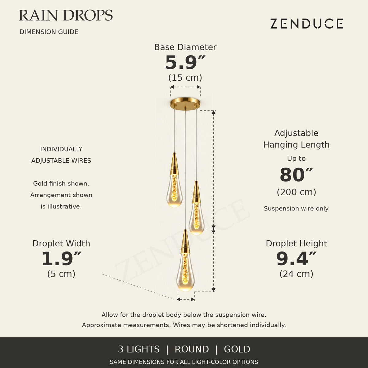 RAIN DROPS 3-light round gold AVELLE dimension guide: base 5.9-inch diameter; suspension wire up to 80 inches, plus a 9.4-inch high by 1.9-inch wide droplet. Inch values are prominent with centimetres below.