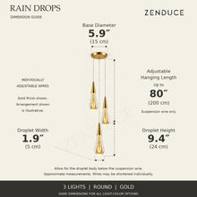 RAIN DROPS 3-light round gold AVELLE dimension guide: base 5.9-inch diameter; suspension wire up to 80 inches, plus a 9.4-inch high by 1.9-inch wide droplet. Inch values are prominent with centimetres below.