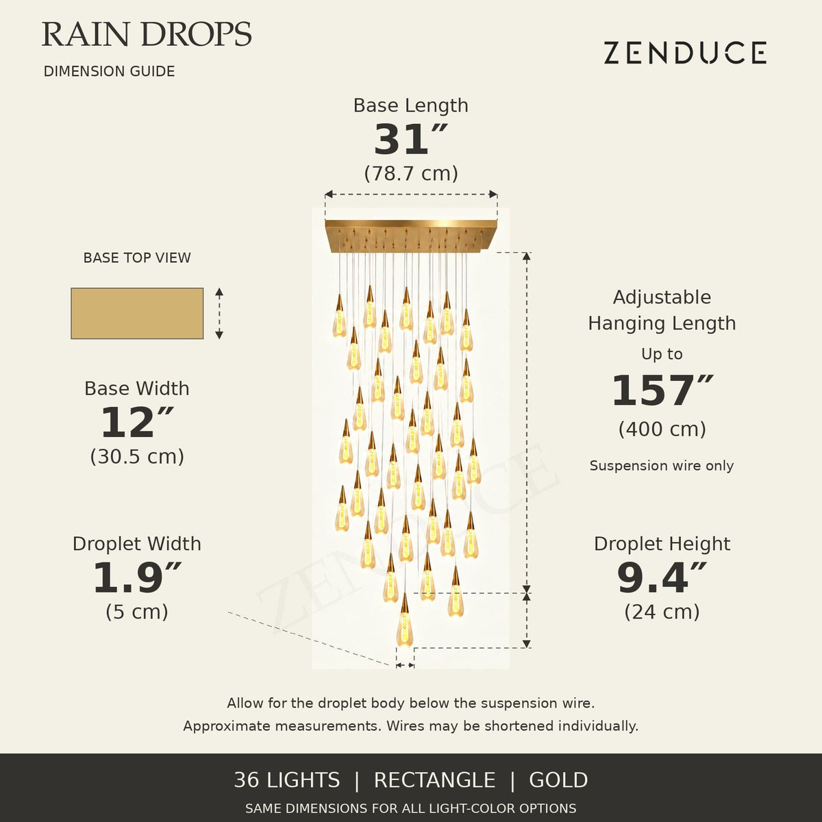 RAIN DROPS 36-light rectangle gold AVELLE dimension guide: base 31 inches long by 12 inches wide; suspension wire up to 157 inches, plus a 9.4-inch high by 1.9-inch wide droplet. Inch values are prominent with centimetres below.