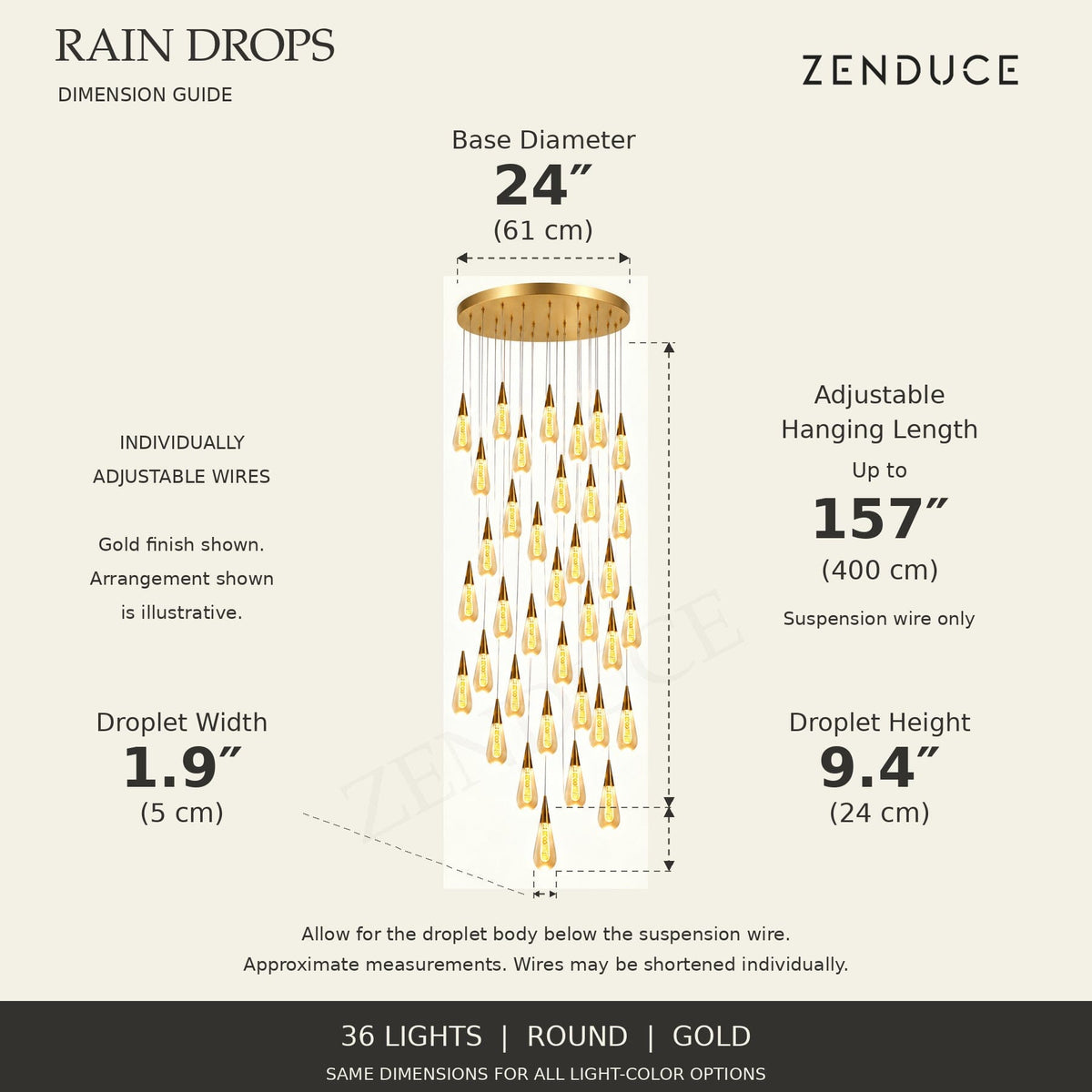 RAIN DROPS 36-light round gold AVELLE dimension guide: base 24-inch diameter; suspension wire up to 157 inches, plus a 9.4-inch high by 1.9-inch wide droplet. Inch values are prominent with centimetres below.