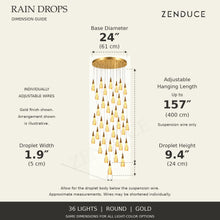 RAIN DROPS 36-light round gold AVELLE dimension guide: base 24-inch diameter; suspension wire up to 157 inches, plus a 9.4-inch high by 1.9-inch wide droplet. Inch values are prominent with centimetres below.