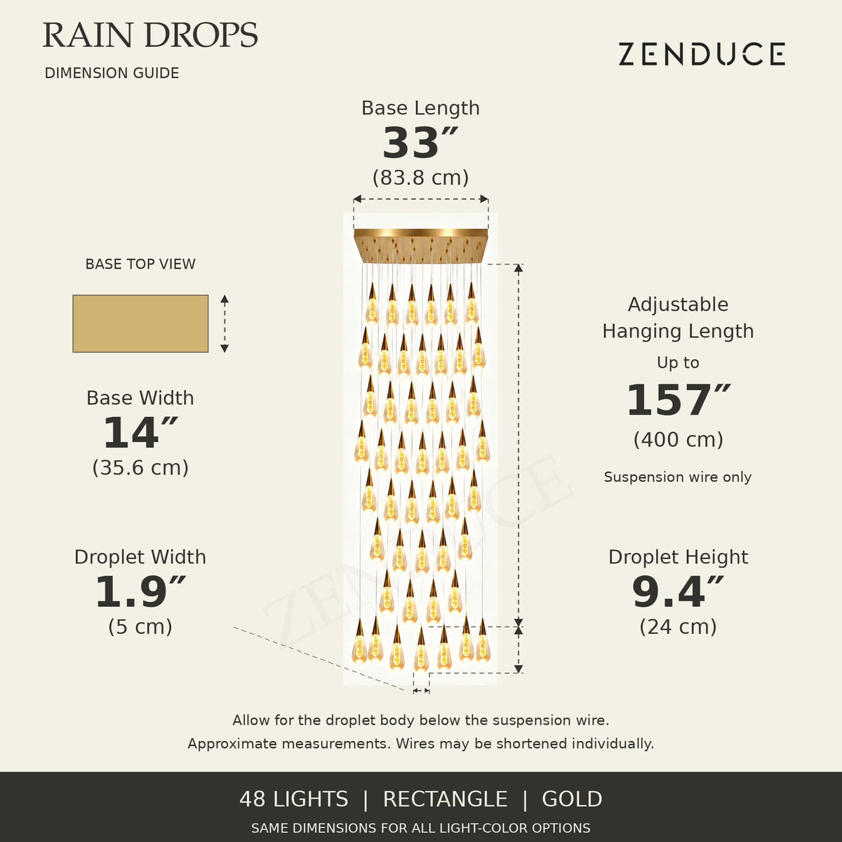 RAIN DROPS 48-light rectangle gold AVELLE dimension guide: base 33 inches long by 14 inches wide; suspension wire up to 157 inches, plus a 9.4-inch high by 1.9-inch wide droplet. Inch values are prominent with centimetres below.