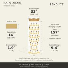 RAIN DROPS 48-light rectangle gold AVELLE dimension guide: base 33 inches long by 14 inches wide; suspension wire up to 157 inches, plus a 9.4-inch high by 1.9-inch wide droplet. Inch values are prominent with centimetres below.