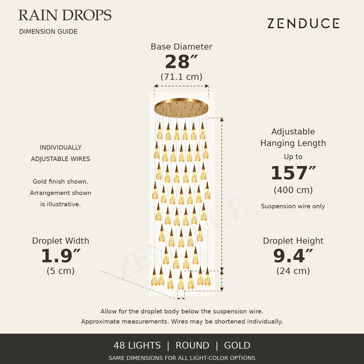 RAIN DROPS 48-light round gold AVELLE dimension guide: base 28-inch diameter; suspension wire up to 157 inches, plus a 9.4-inch high by 1.9-inch wide droplet. Inch values are prominent with centimetres below.