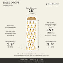 RAIN DROPS 48-light round gold AVELLE dimension guide: base 28-inch diameter; suspension wire up to 157 inches, plus a 9.4-inch high by 1.9-inch wide droplet. Inch values are prominent with centimetres below.