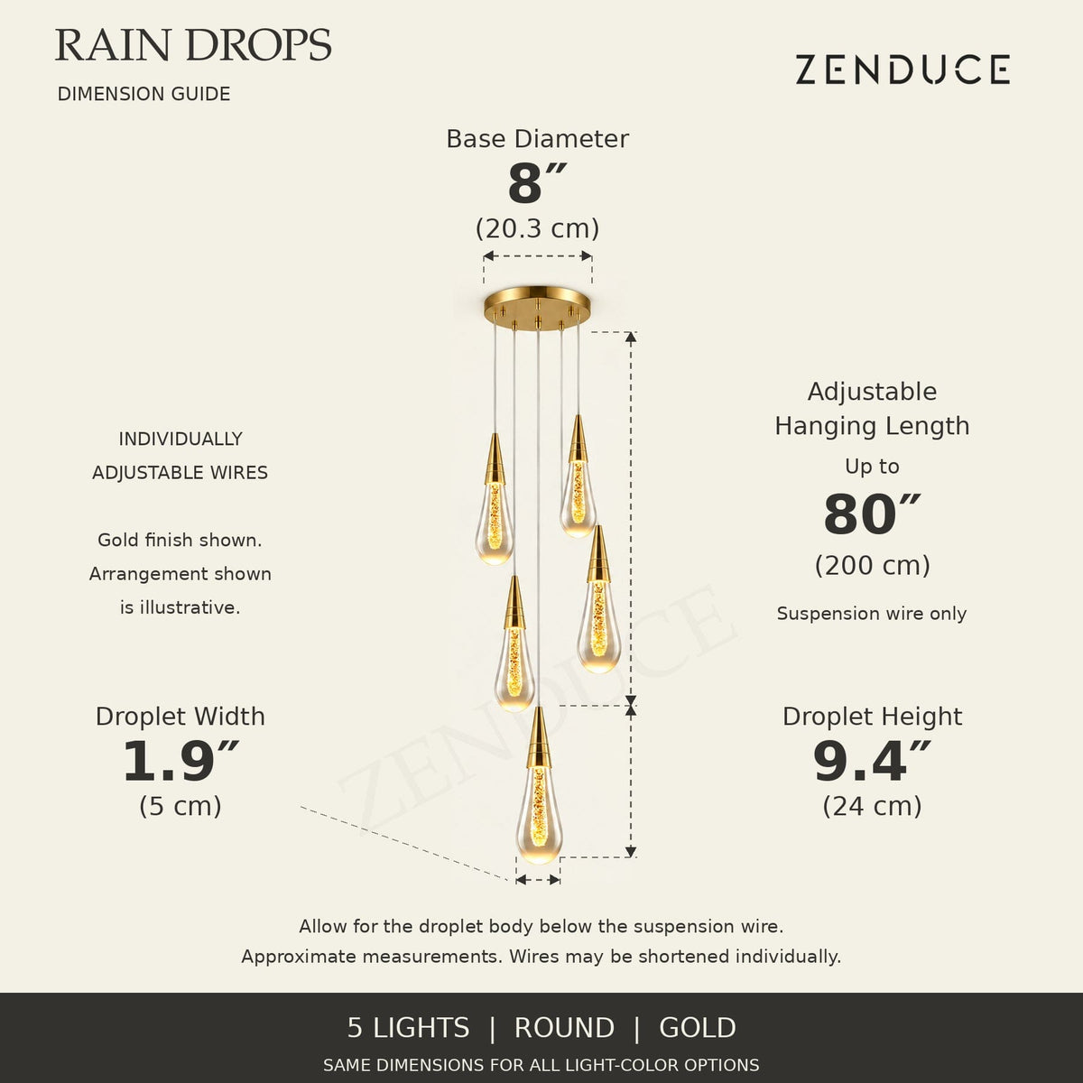 RAIN DROPS 5-light round gold AVELLE dimension guide: base 8-inch diameter; suspension wire up to 80 inches, plus a 9.4-inch high by 1.9-inch wide droplet. Inch values are prominent with centimetres below.
