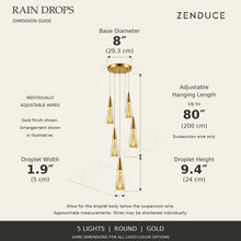 RAIN DROPS 5-light round gold AVELLE dimension guide: base 8-inch diameter; suspension wire up to 80 inches, plus a 9.4-inch high by 1.9-inch wide droplet. Inch values are prominent with centimetres below.