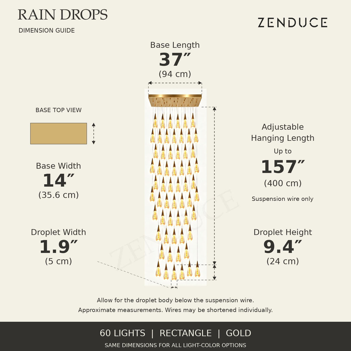 RAIN DROPS 60-light rectangle gold AVELLE dimension guide: base 37 inches long by 14 inches wide; suspension wire up to 157 inches, plus a 9.4-inch high by 1.9-inch wide droplet. Inch values are prominent with centimetres below.