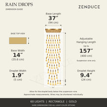 RAIN DROPS 60-light rectangle gold AVELLE dimension guide: base 37 inches long by 14 inches wide; suspension wire up to 157 inches, plus a 9.4-inch high by 1.9-inch wide droplet. Inch values are prominent with centimetres below.